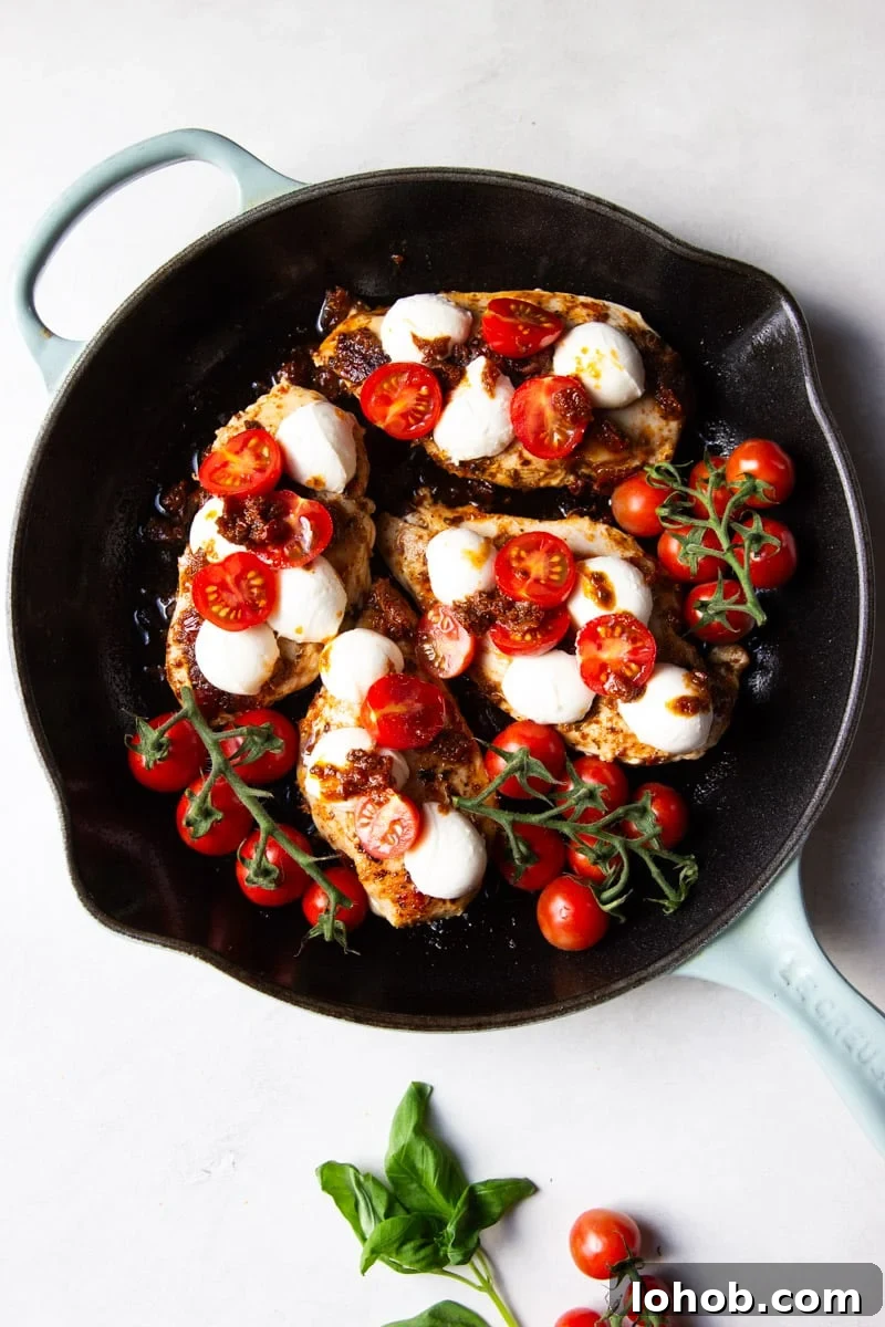 Sun-Dried Tomato Chicken Caprese Recipe with Balsamic Glaze 7 Chicken with fresh mozzarella and tomatoes on the vine, basil.