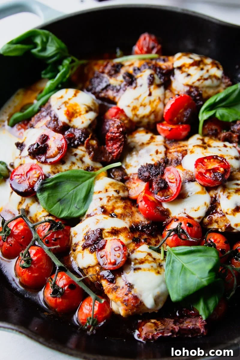 Sun-Dried Tomato Chicken Caprese Recipe with Balsamic Glaze 8 Cast iron skillet with balsamic glazed chicken, tomatoes, fresh mozzarella and basil.