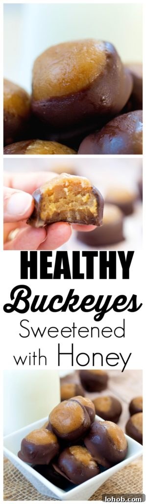 Healthy Buckeyes! This Skinny Buckeye recipe is a healthy candy recipe that is made using chickpeas! Chickpea Buckeyes?! YES. Trust me--your whole family will LOVE this healthy dessert naturally sweetened with honey. These healthy chocolate covered peanut butter balls are my favorite for both football season food and a healthy holiday treat!