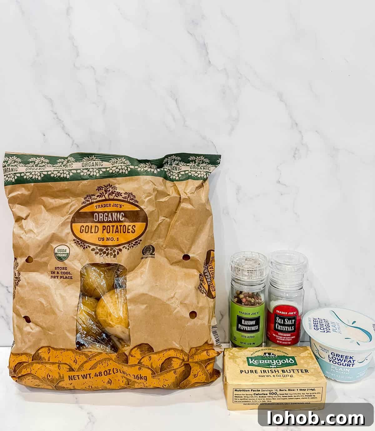 Ingredients needed to make greek yogurt mashed potatoes.
