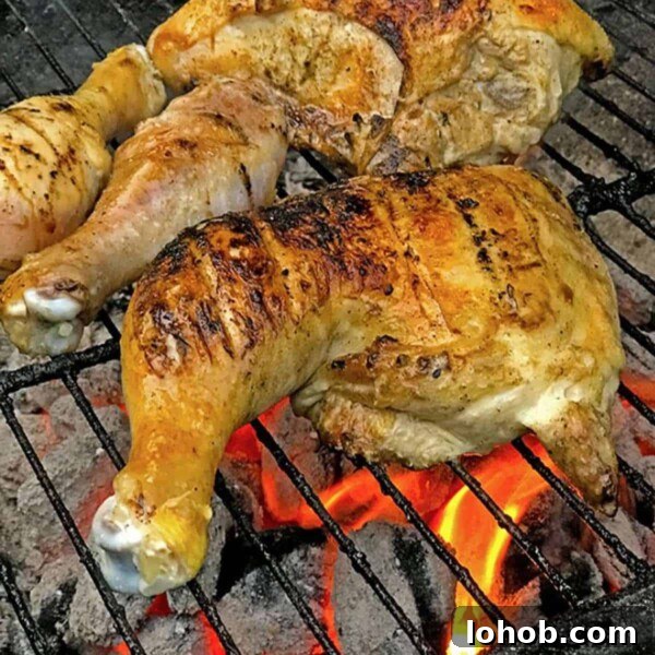 Grilled Chicken with Fresh Avocado Salsa Recipe 7 Chicken leg quarter on a hot grill.