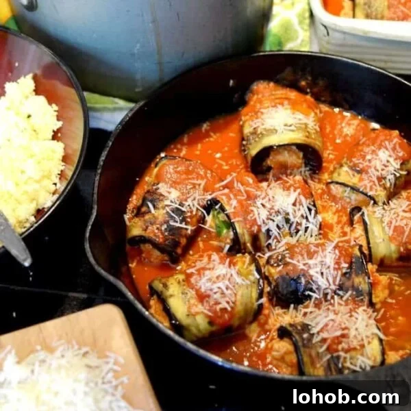 Grilled Chicken with Fresh Avocado Salsa Recipe 10 A skillet with rolled eggplant and tomato sauce