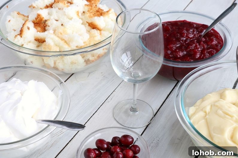 Cranberry Vanilla Mini Trifles for Holiday Entertaining 5 Ingredients for WW cranberry vanilla mini trifles ready to serve in a wine glass