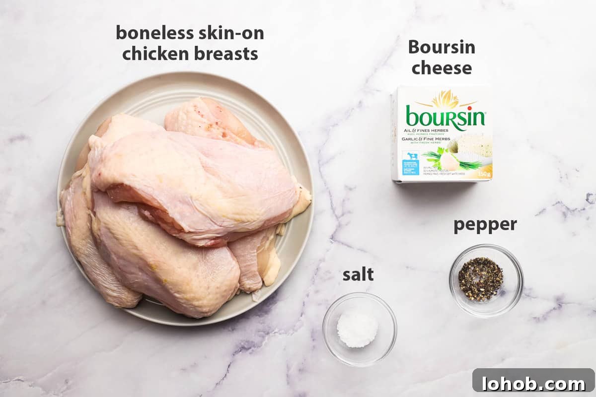 Creamy Boursin-Stuffed Chicken Breast Recipe 5 ingredients for boursin chicken pictured and labelled
