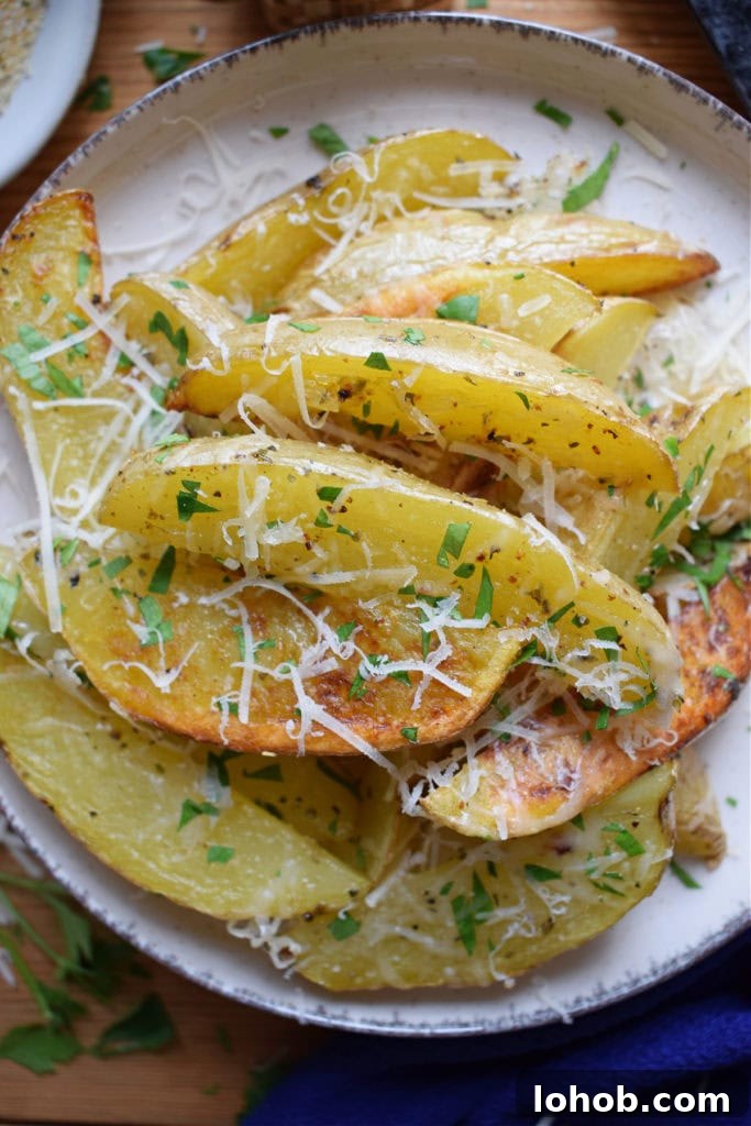 15 Irresistible Potato Recipes for Weeknight Meals 3 Parmesan potato wedges on a plate with parmesan cheese and fresh parsley.