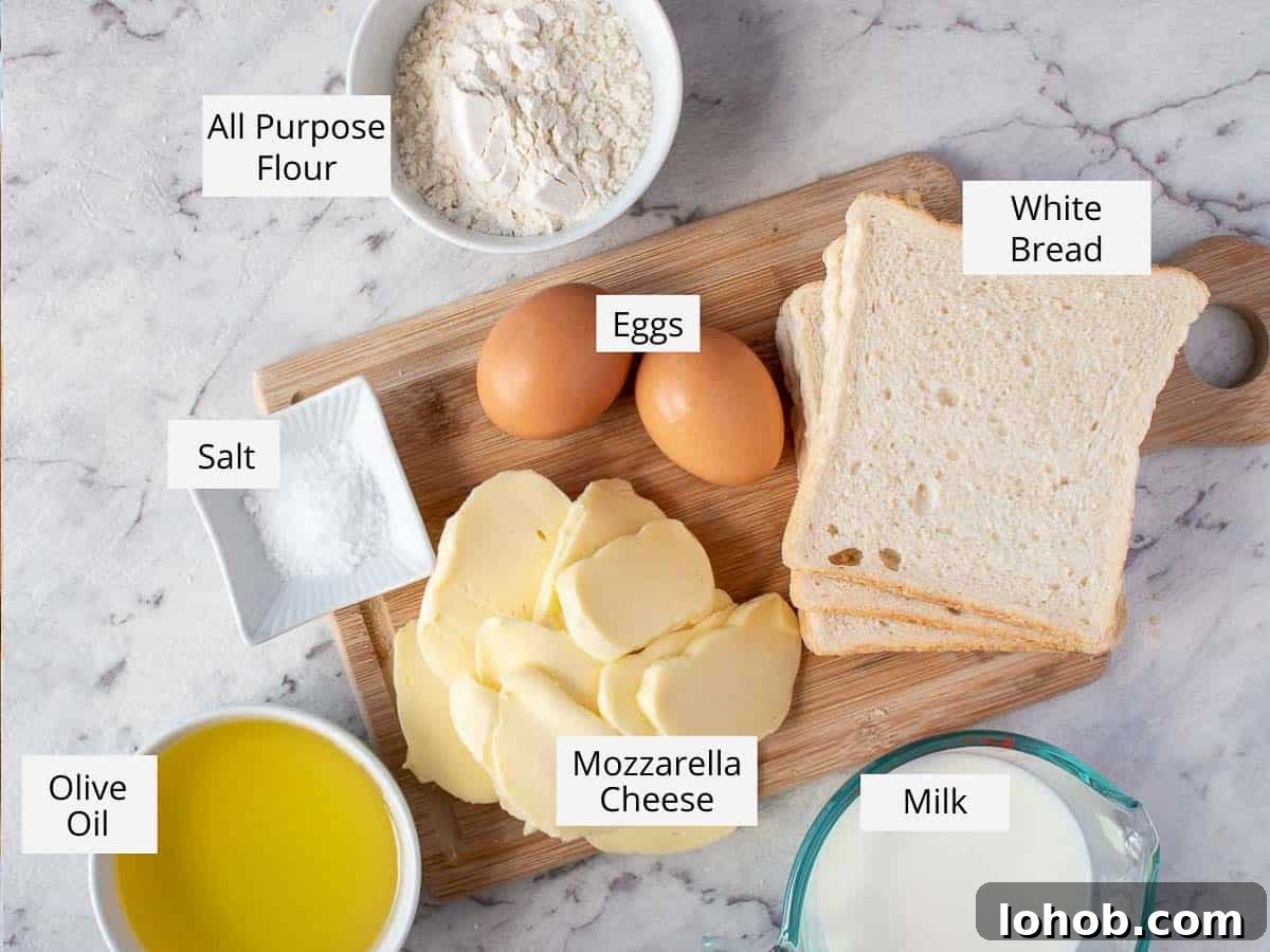 Mozzarella in Carrozza: Crispy Italian Fried Cheese Sandwich Recipe 3 Mozzarella in carrozza ingredients as in the recipe card.