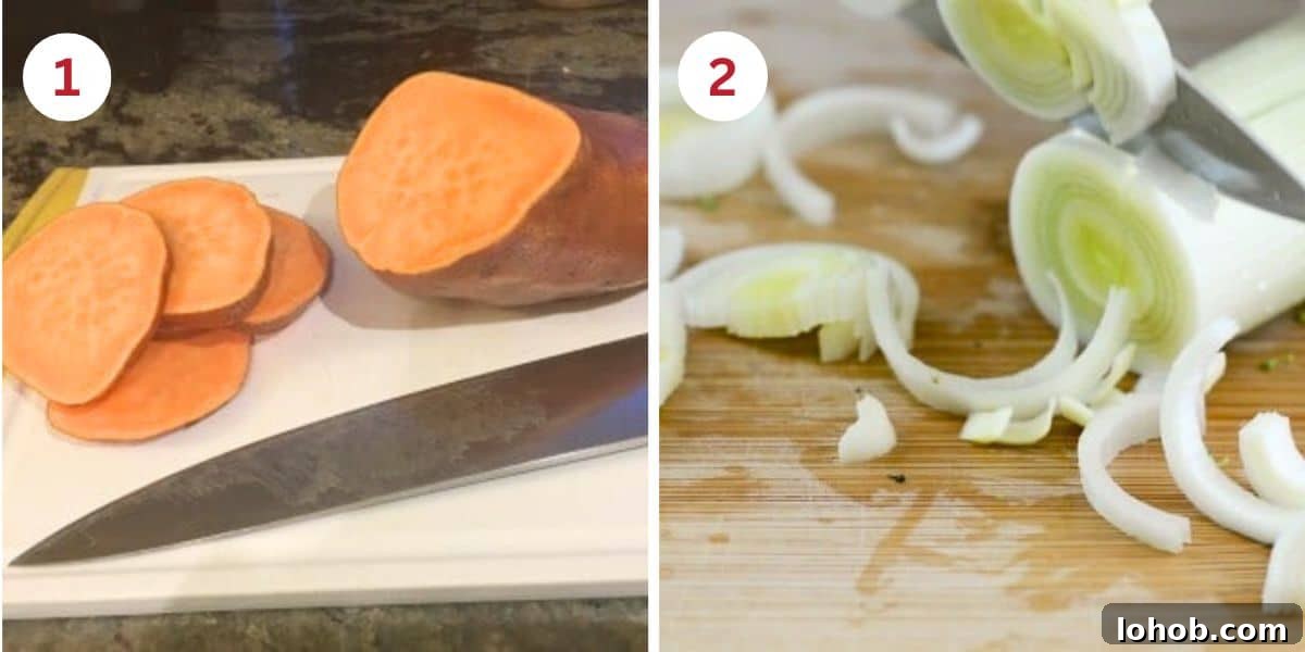 Photos showing slicing the sweet potatoes and leeks on a cutting board.