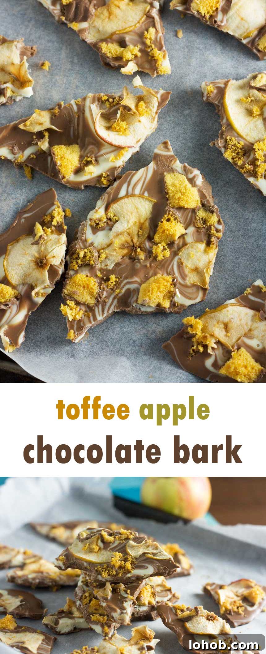 toffee apple chocolate bark photographed from above on a pin for Pinterest with a title on it in the middle.