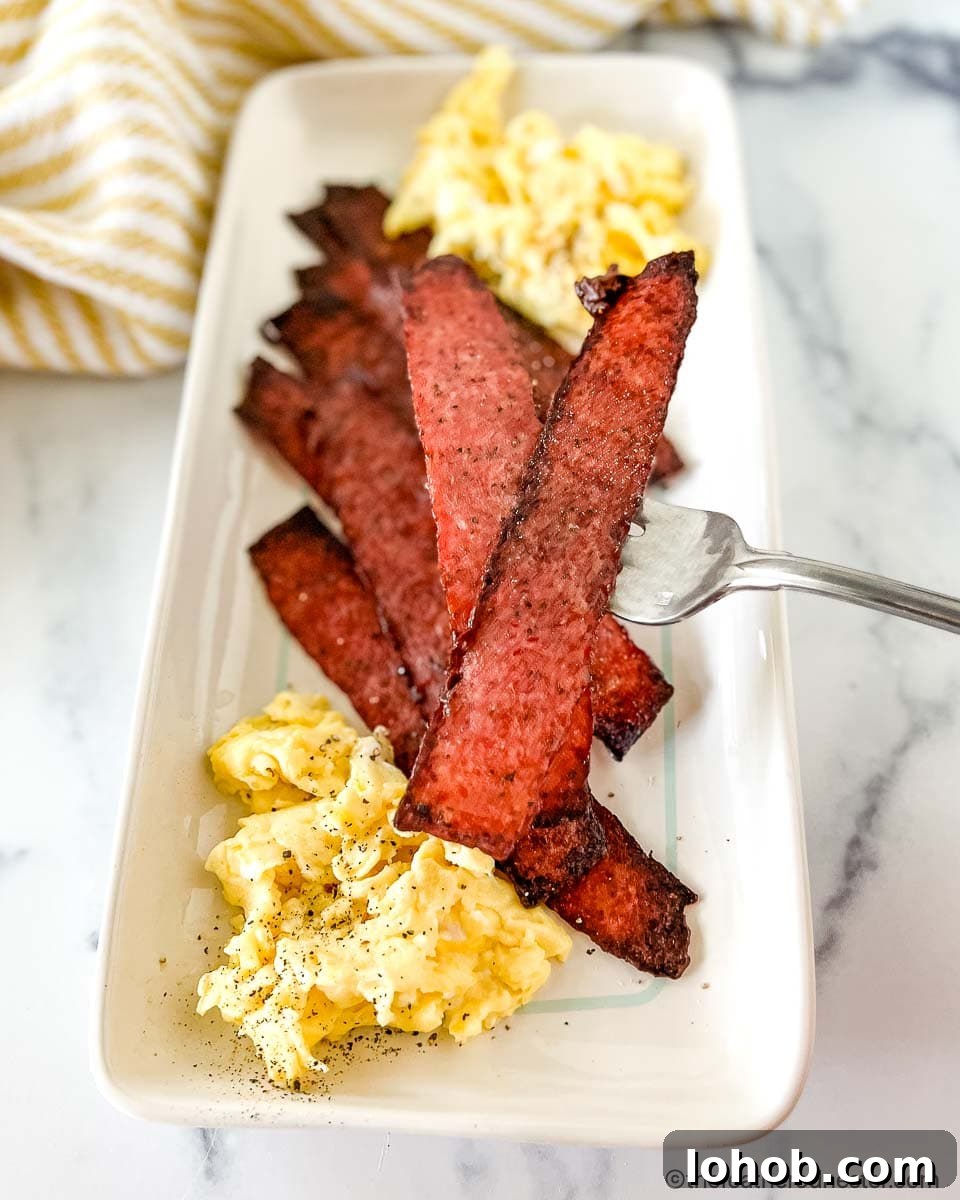 A white platter with crispy turkey bacon strips and scrambled eggs.