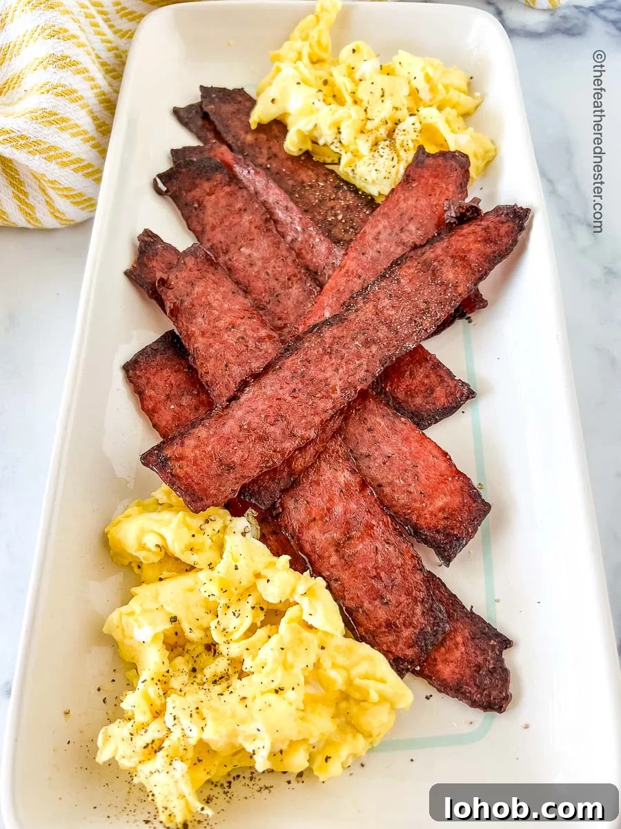 A white platter with turkey bacon and scrambled eggs.