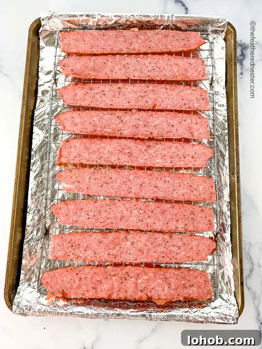 A baking rack over a baking sheet lined with foil and strips of turkey bacon.
