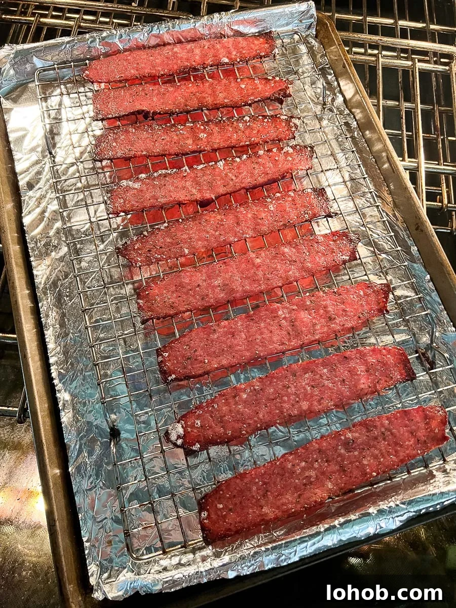 A baking rack over a baking sheet lined with foil and strips of turkey bacon.