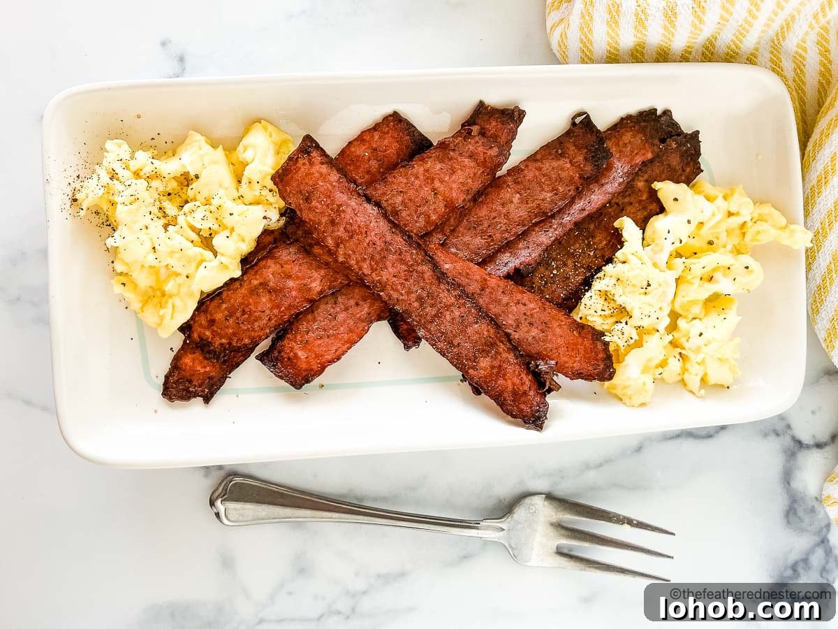 A white platter with scrambled eggs and turkey bacon.
