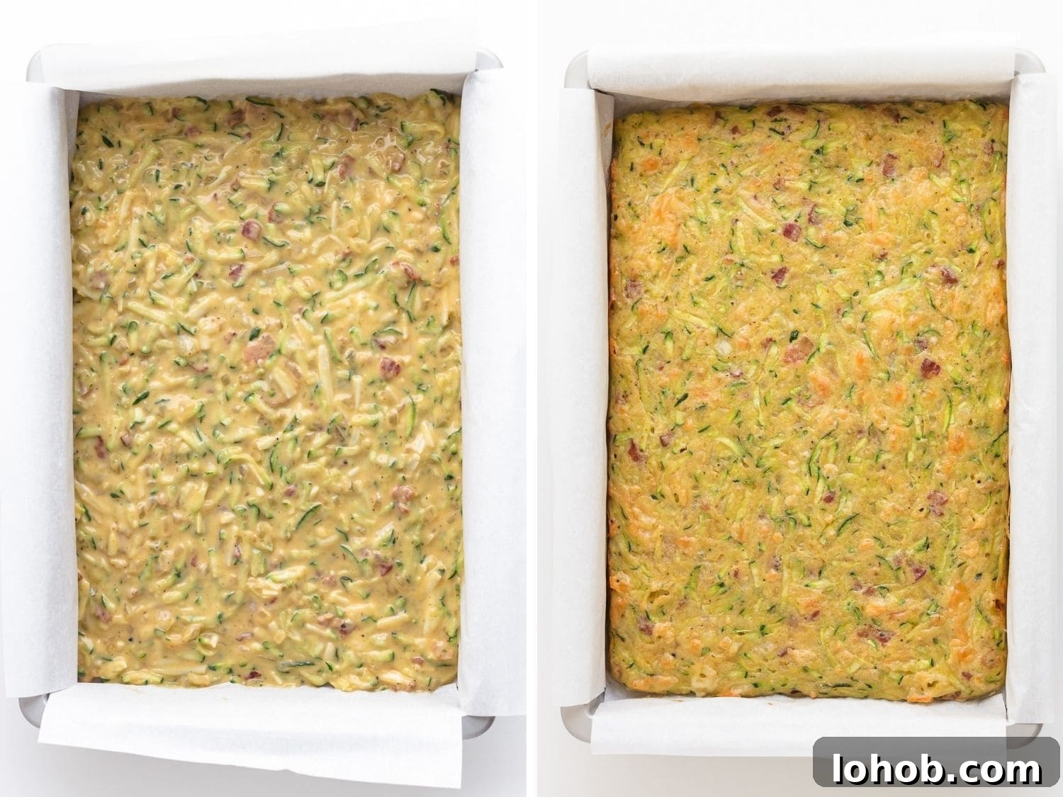 Collage of zucchini slice in baking pan before and after baking.