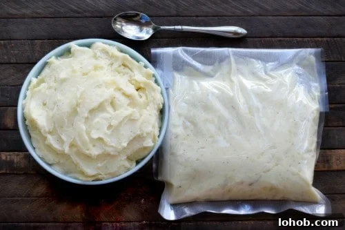 Freezer Mashed Potatoes, in bowl and in a FoodSaver bag