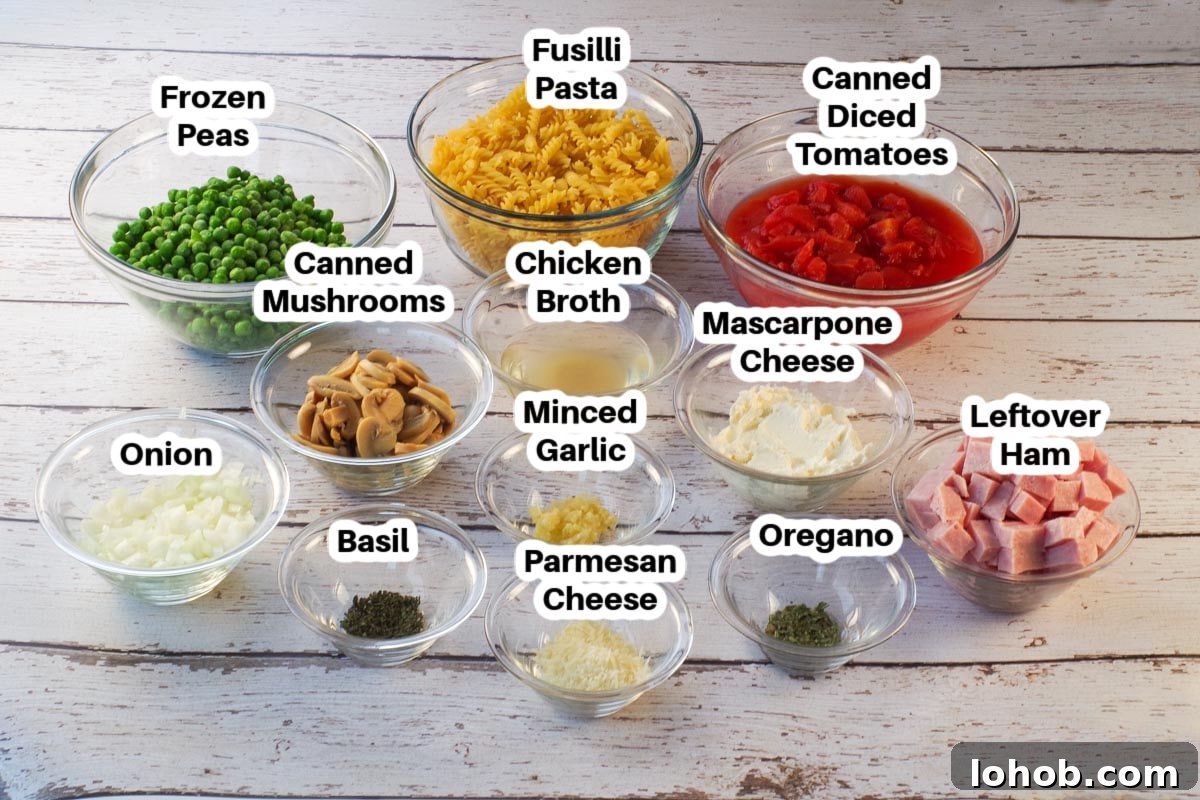 Leftover Ham and Pea Pasta Recipe for Quick Weeknight Meals 3 Ingredients in Leftover Ham Pasta in glass bowls, labelled.