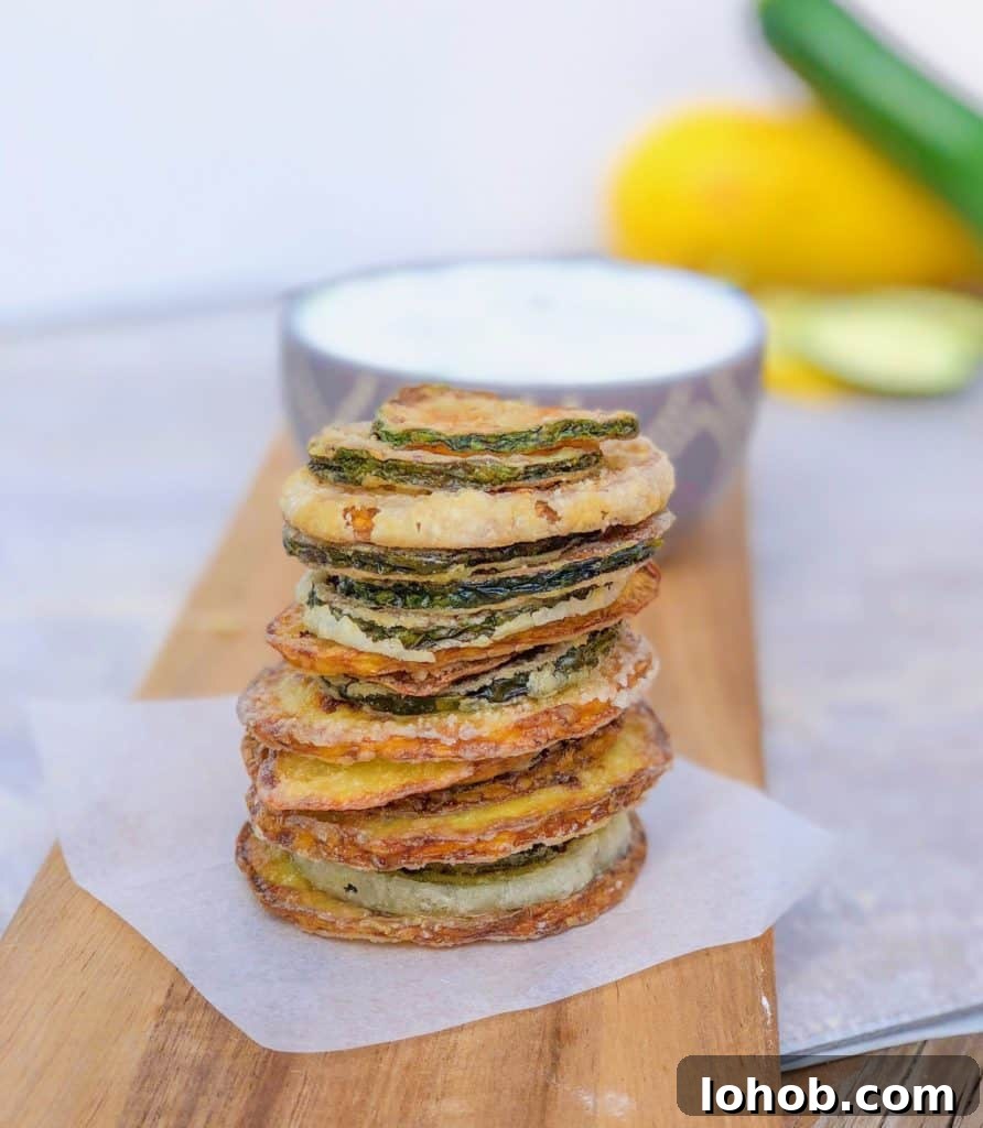 Crispy Fried Zucchini Chips Recipe for Perfect Snack 2 Homemade crispy zucchini chips in a tall tower on cutting board.