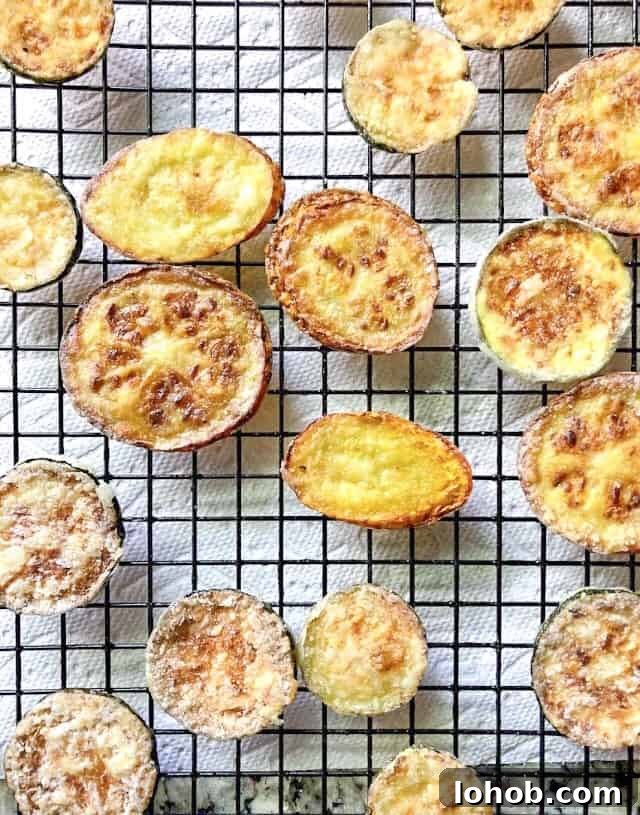 Crispy Fried Zucchini Chips Recipe for Perfect Snack 5 pan fried zucchini chips on a wire rack.