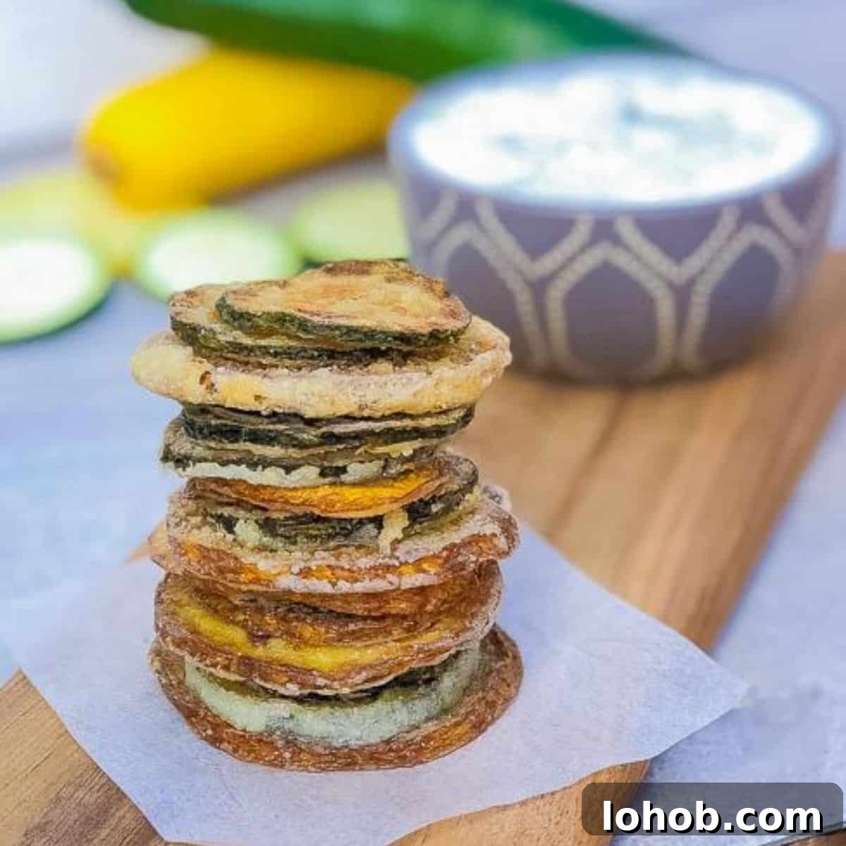 Crispy Fried Zucchini Chips Recipe for Perfect Snack 6 pan fried zucchini chips in a stack with tzatzik sauce