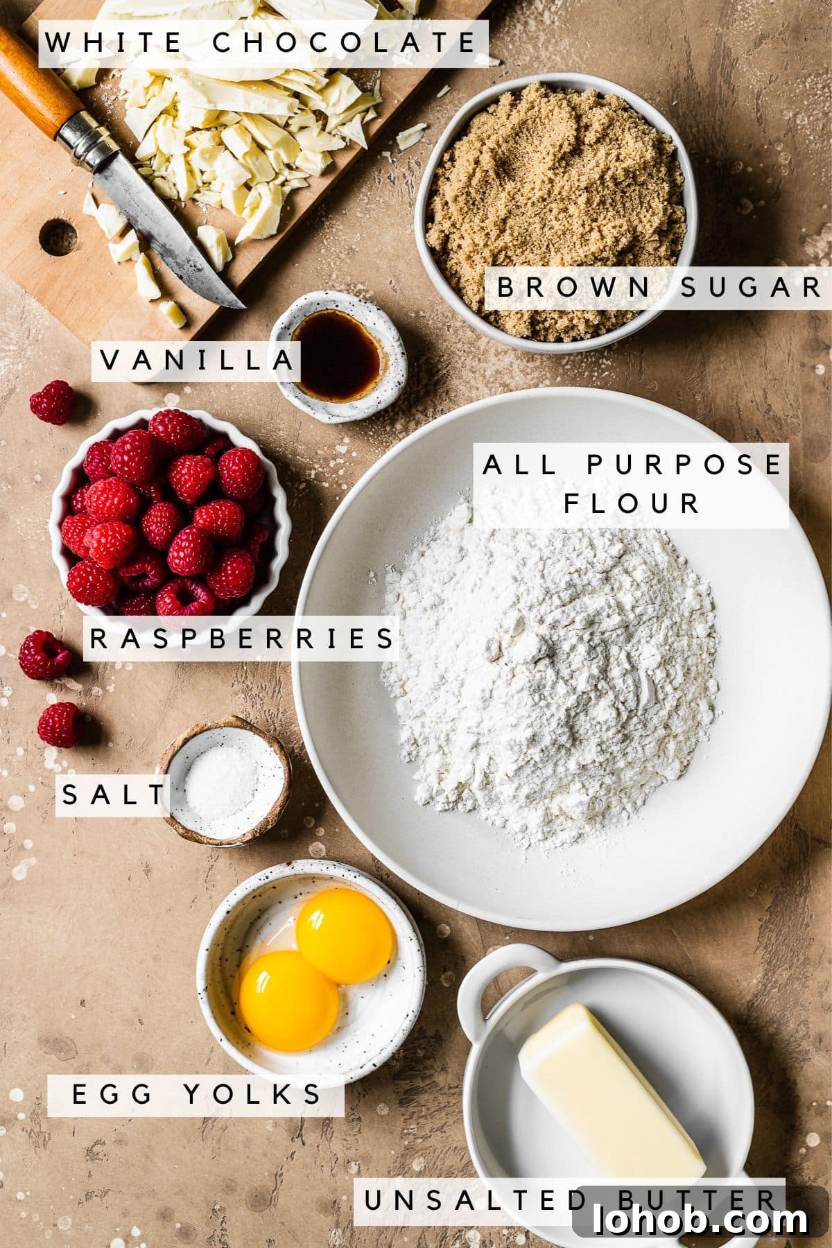 Raspberry White Chocolate Blondies Recipe — Chewy, Fruity Bars 3 Ingredients in bowls for blondies.