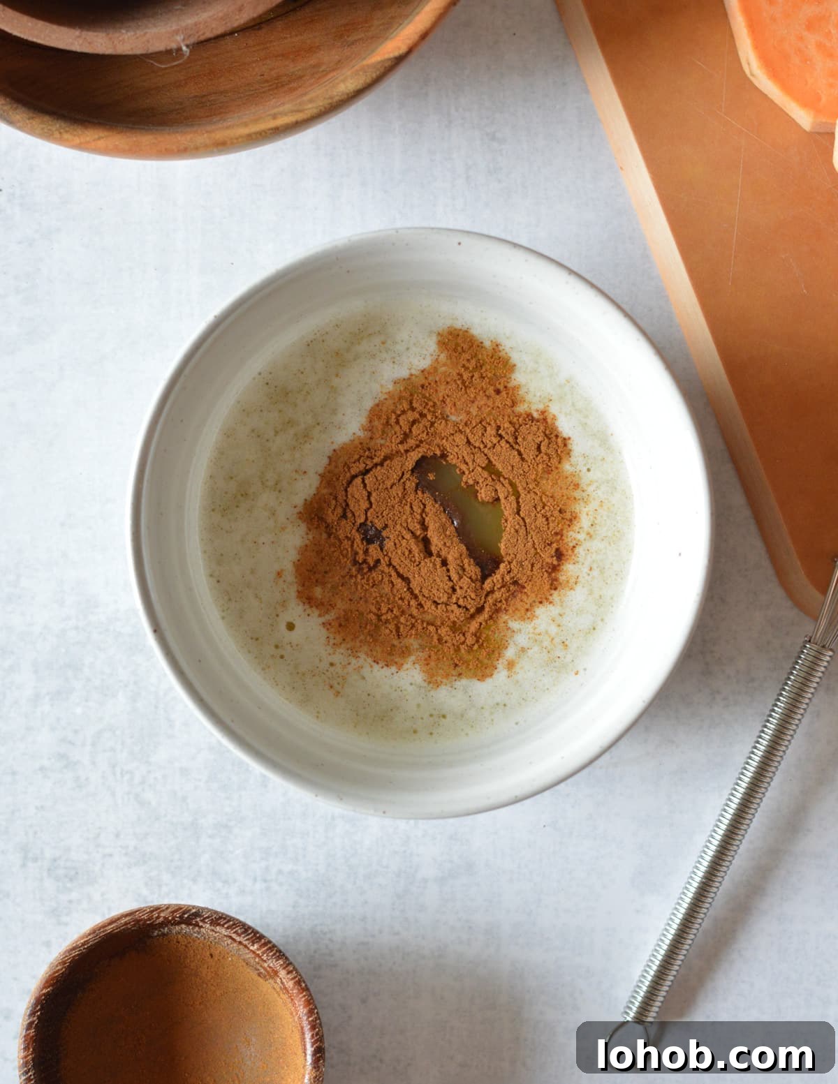 Roasted Sweet Potato Slices with Maple Candied Pecans 6 melted butter, cinnamon, and maple syrup in a bowl.
