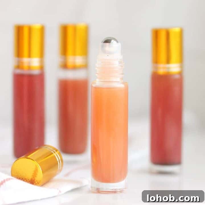a pink lip gloss in a roller ball bottle with several bottles in the background
