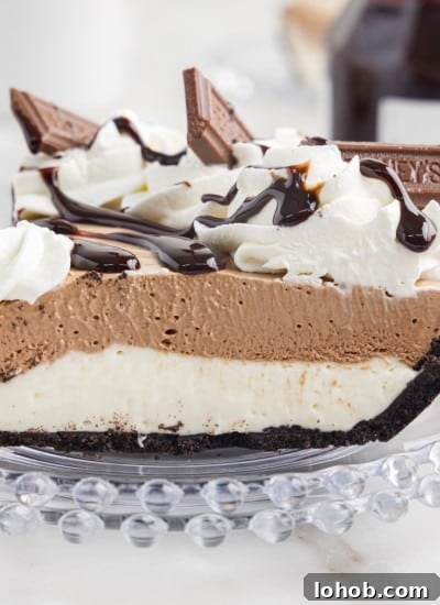 Side view of a slice of Hershey Pie on a plate.