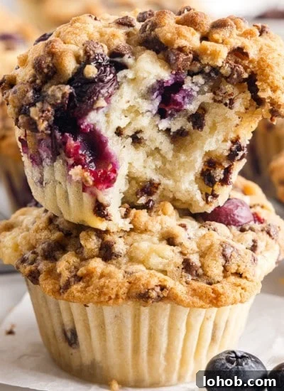 Stacked blueberry chocolate chip muffins with bite removed.