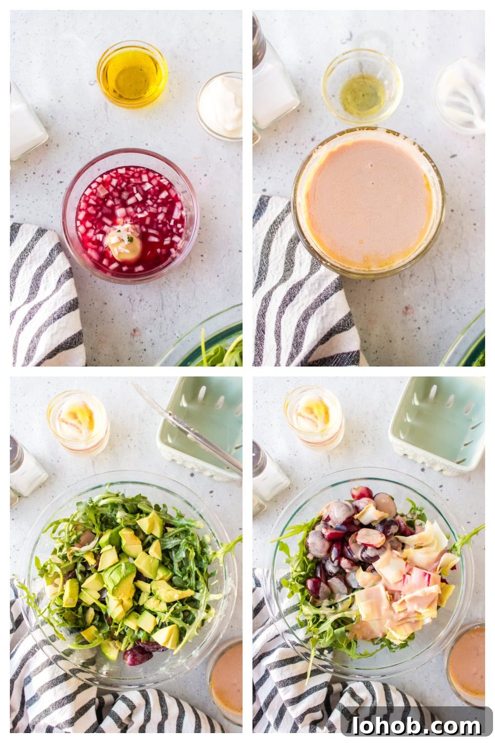 four photos showing how to make grape avocado and arugula salad