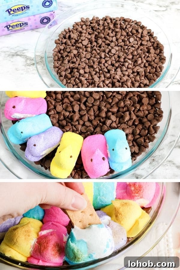 Peep S’mores Dip for Easter: Gooey Marshmallow Dessert Dip 3 step images on how to make skillet s mores