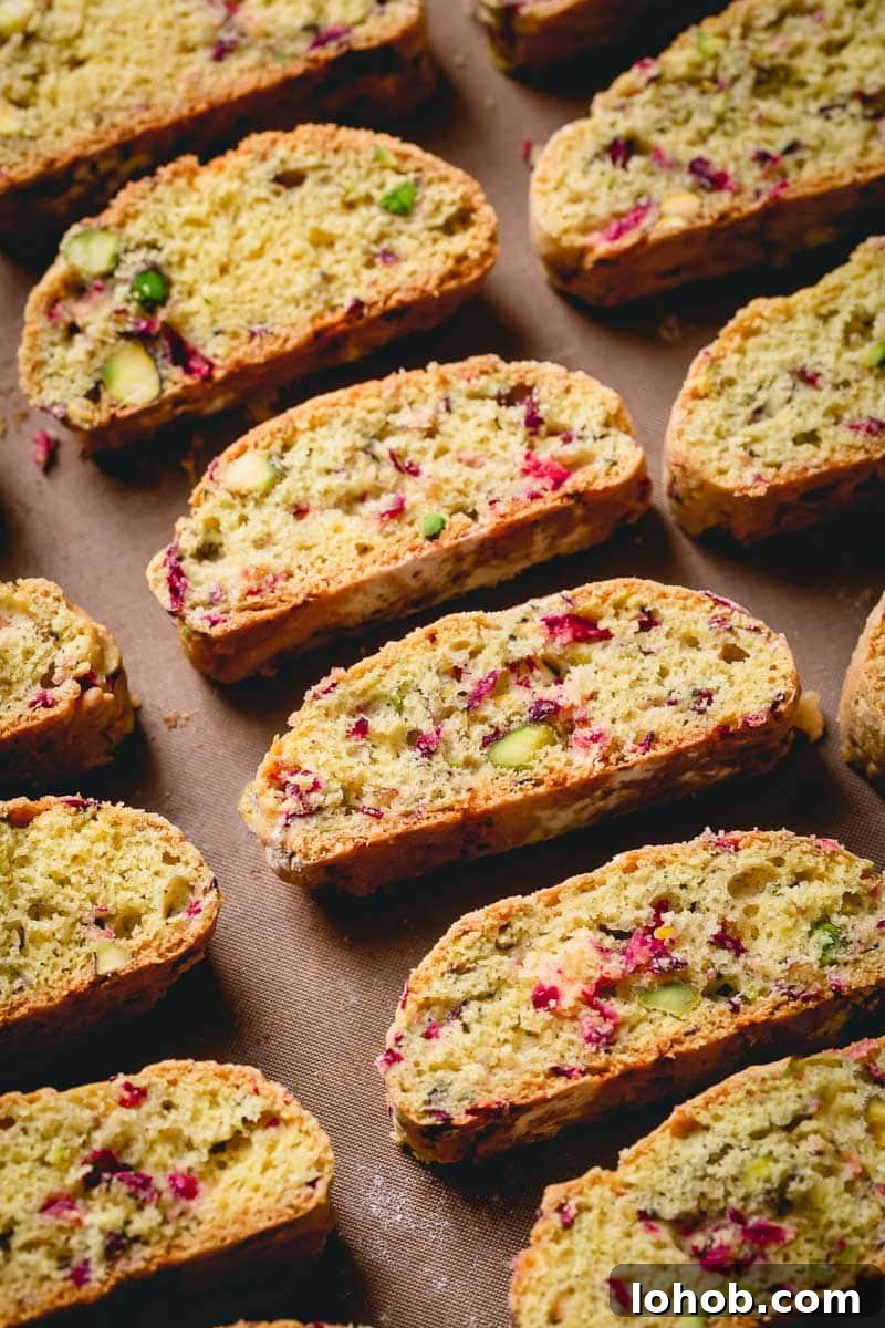 Cranberry Pistachio Biscotti Recipe — Crunchy Italian Cookie Guide 5 Biscotti cookies with cranberry and pistachios.