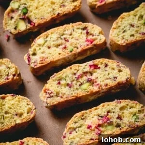 Cranberry Pistachio Biscotti Recipe — Crunchy Italian Cookie Guide 6 Cranberry pistachio biscotti cookies.