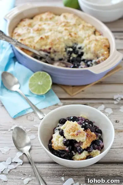 A white bowl with a serving of Blueberry Lime Cobbler with the baking dish in the background.
