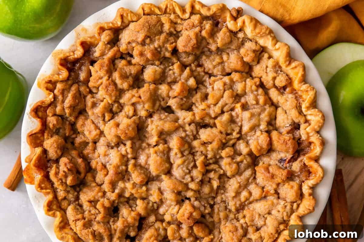 overhead dutch apple pie with streusel topping