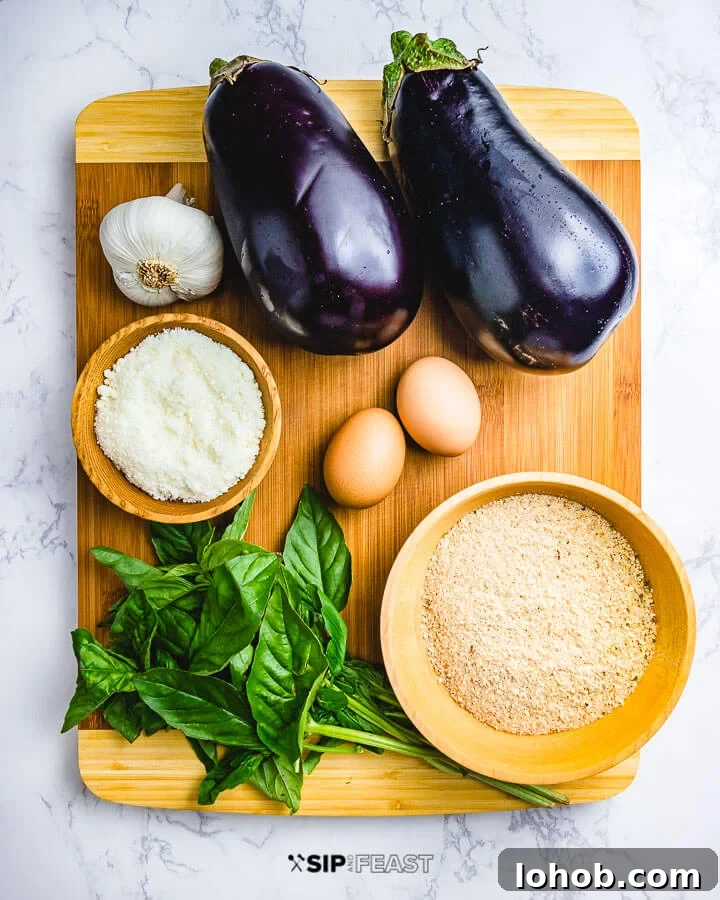 Ingredients shown: garlic, 2 eggplants, Pecorino Romano, 2 eggs, bunch of basil and breadcrumbs.