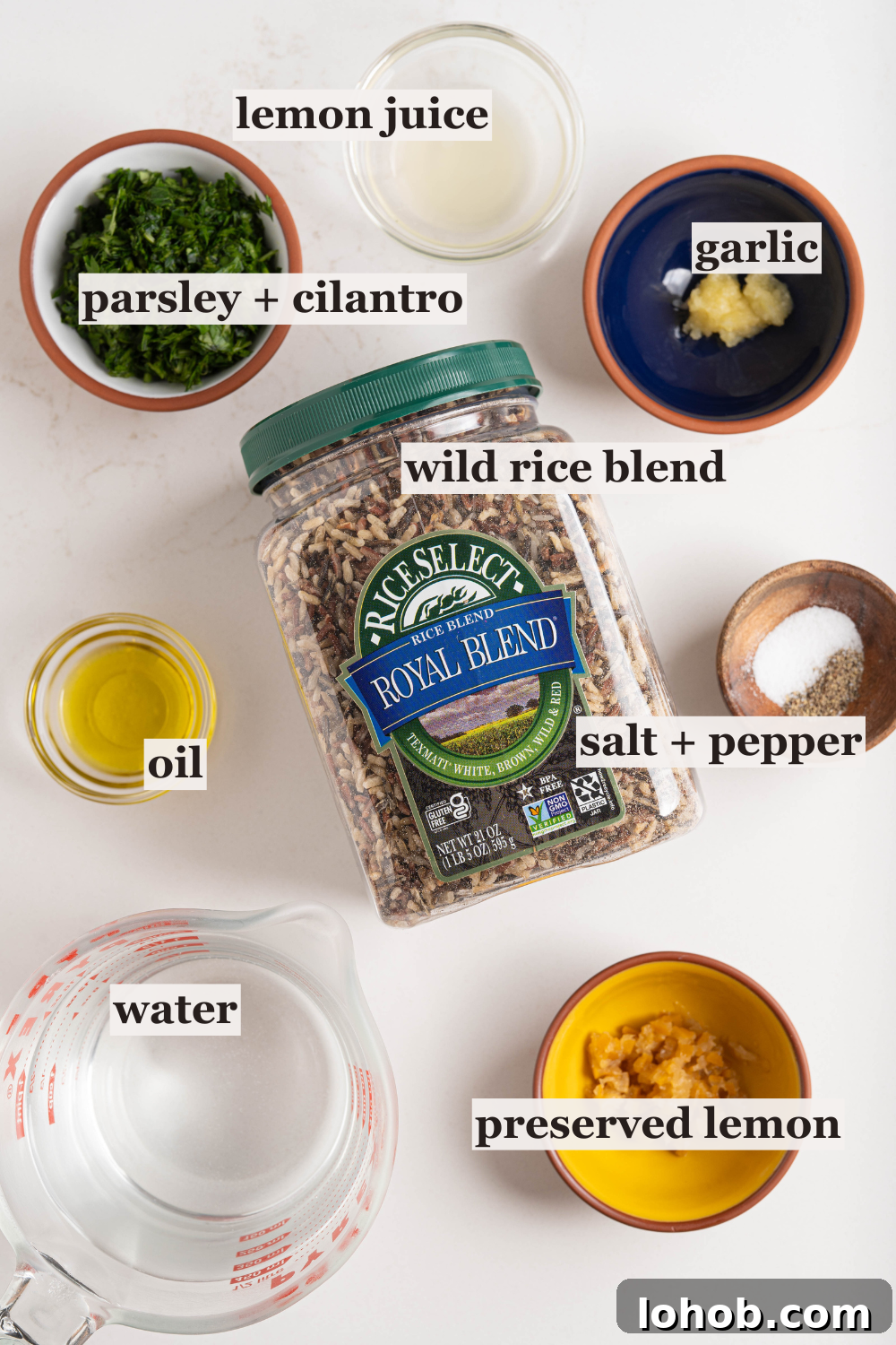Bowls of garlic, herbs, lemon juice, and more.