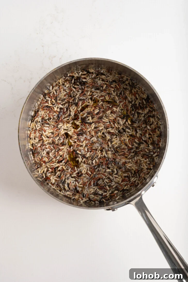 A wild rice blend in a pot.