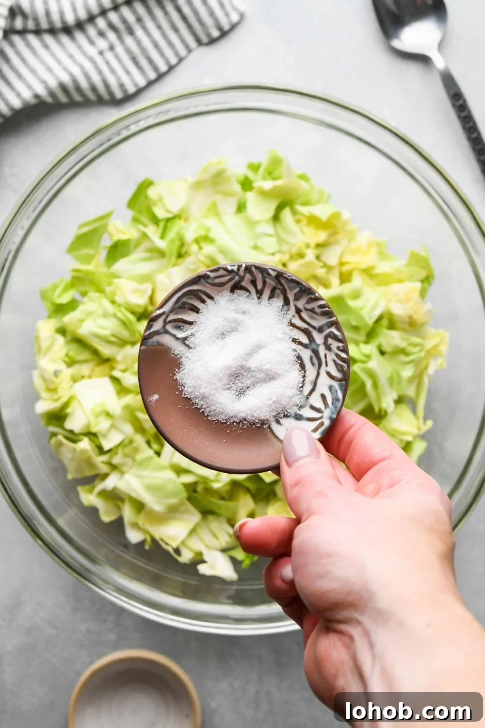 How to make chopped green cabbage salad: A hand adding kosher salt from a small ceramic dish to the bowl of cabbage. 