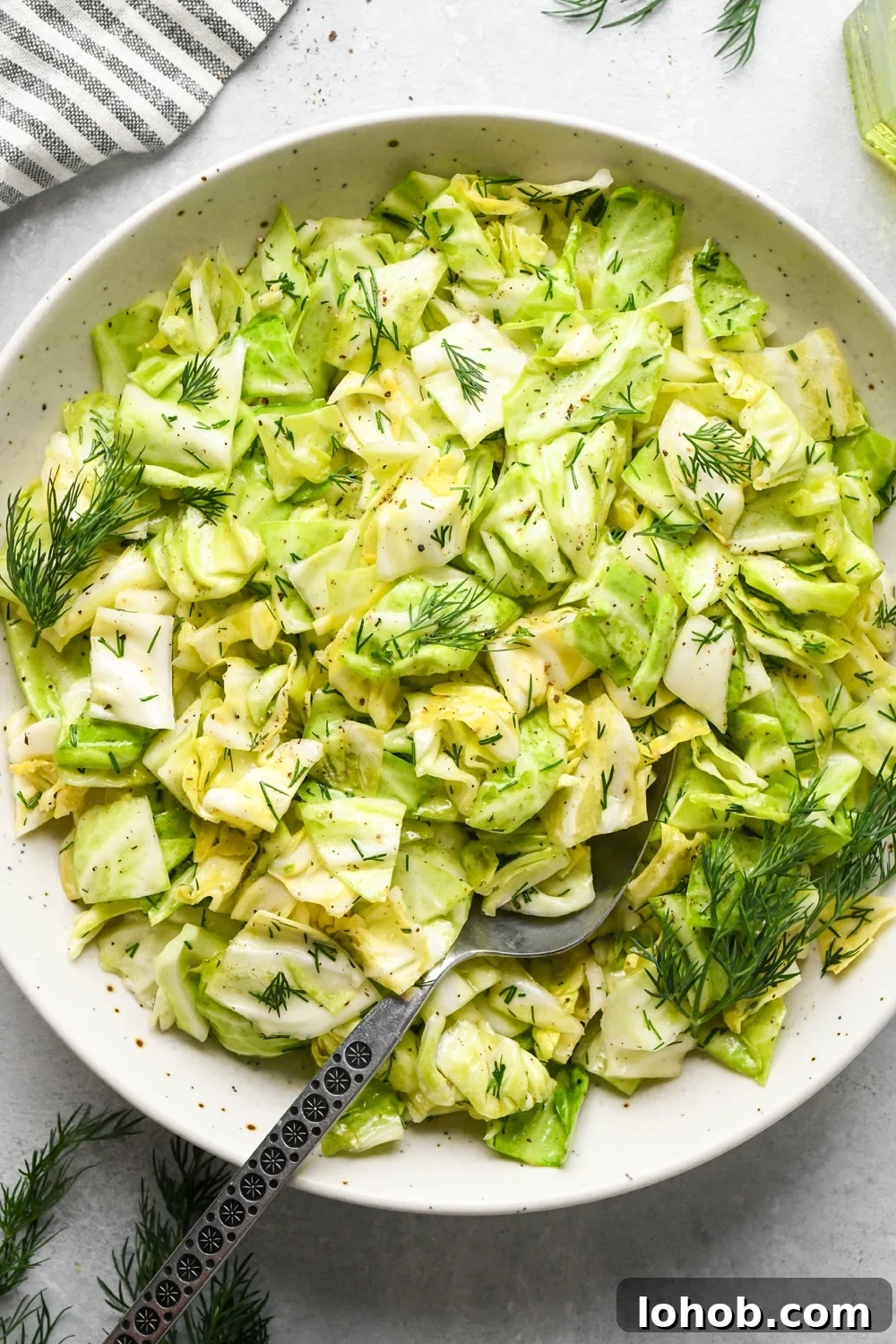 Chopped green cabbage salad with fresh dill in a large shallow serving bowl, garnished with extra sprigs of fresh dill and a spoon is angled into the bowl.