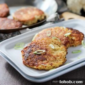 Crispy Roasted Cauliflower with Bacon and Green Onions 8 Basic Cauliflower Fritters are super easy and so versatile - the perfect base, snack or side | low carb, gluten-free, THM | lowcarbmaven.com