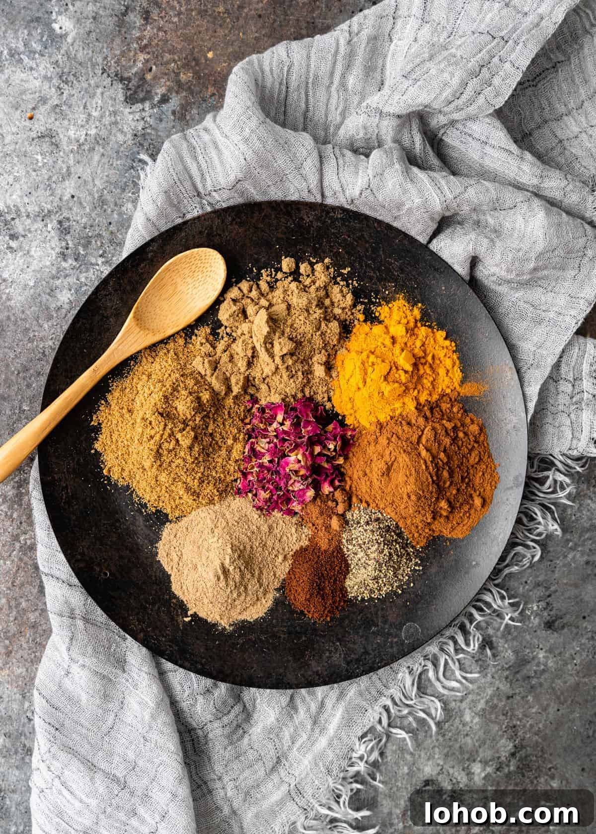 overhead: 8 small piles of ground Persian spices on black plate for my advieh recipe