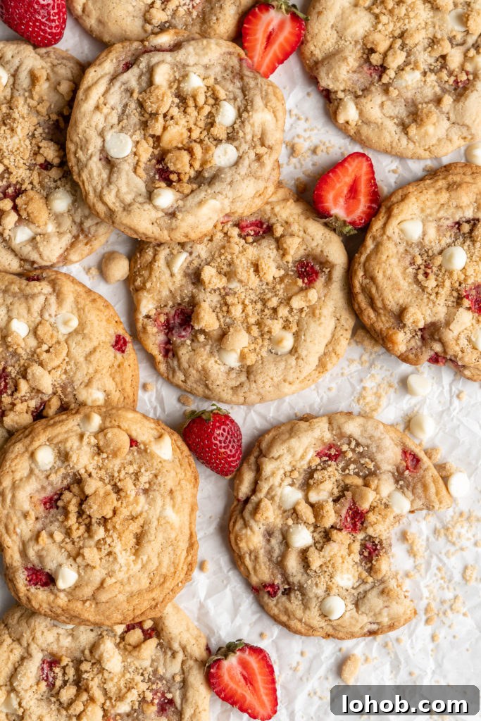 White Chocolate Strawberry Shortcake Cookies Recipe 3 Tender & chewy Strawberry Shortcake Cookies feature little morsels of creamy white chocolate chips and bursts of fresh, sweet strawberries!