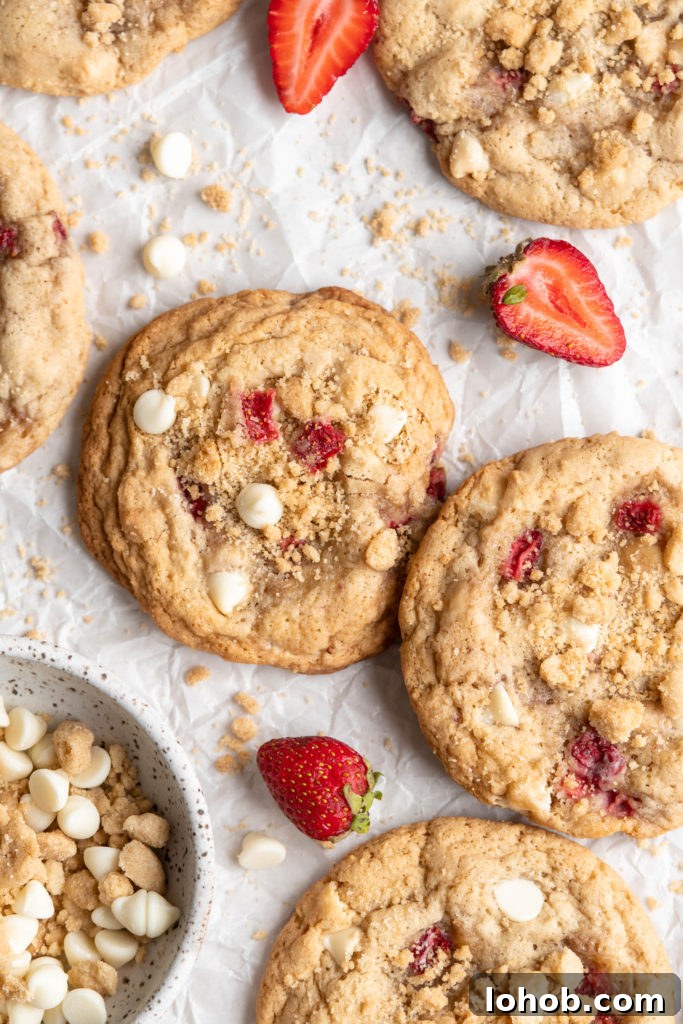 White Chocolate Strawberry Shortcake Cookies Recipe 7 Tender & chewy Strawberry Shortcake Cookies feature little morsels of creamy white chocolate chips and bursts of fresh, sweet strawberries!