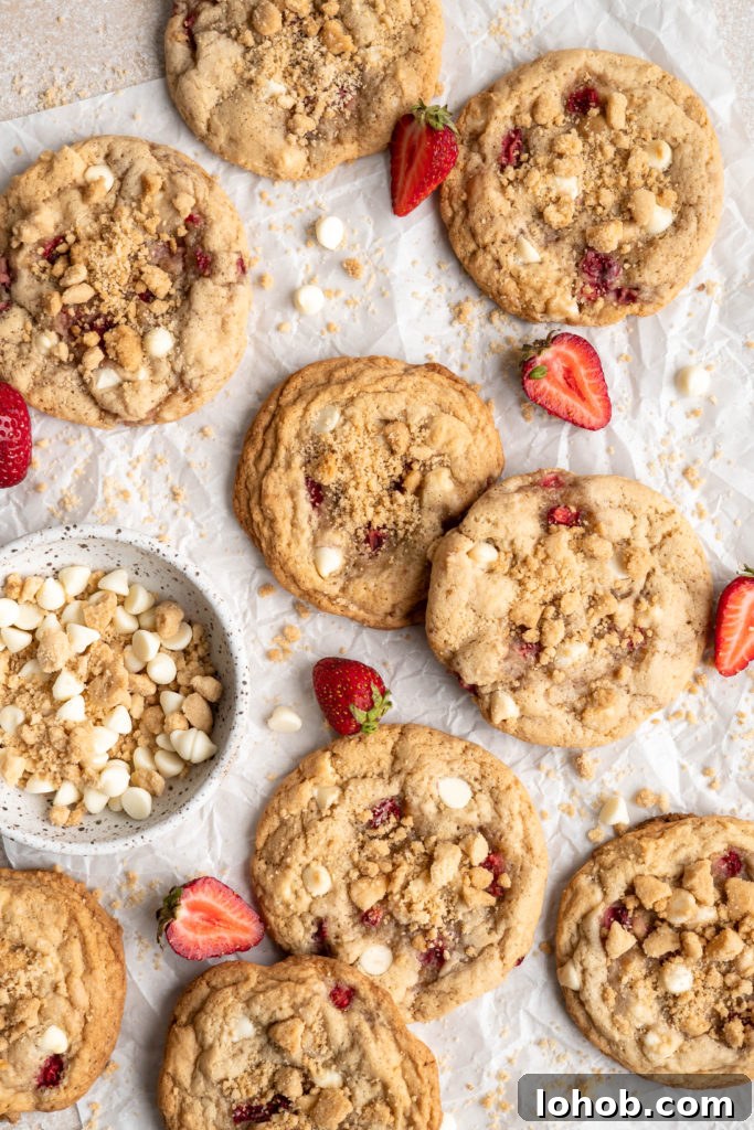 White Chocolate Strawberry Shortcake Cookies Recipe 8 Tender & chewy Strawberry Shortcake Cookies feature little morsels of creamy white chocolate chips and bursts of fresh, sweet strawberries!
