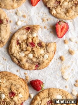 Tender & chewy Strawberry Shortcake Cookies feature little morsels of creamy white chocolate chips and bursts of fresh, sweet strawberries!