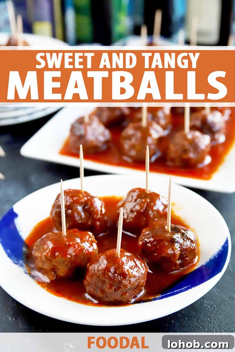 Sweet and Tangy Classic Meatballs Recipe for Weeknight Dinners 2 Vertical image of a plate and platter with mini meatball appetizers, with text on the top and bottom.