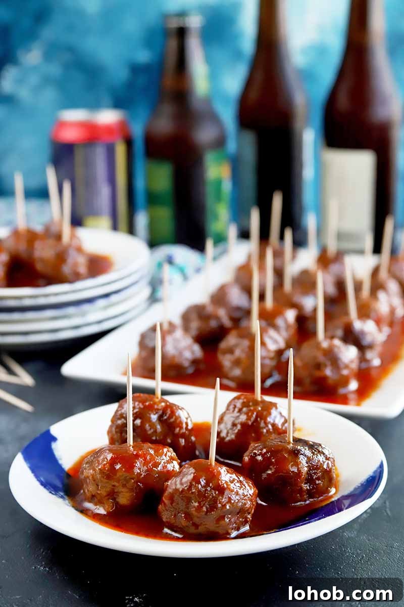 Sweet and Tangy Classic Meatballs Recipe for Weeknight Dinners 4 Vertical image of plates and platters with meatballs in sauce with toothpicks inserted in them, in front of bottles and a can.