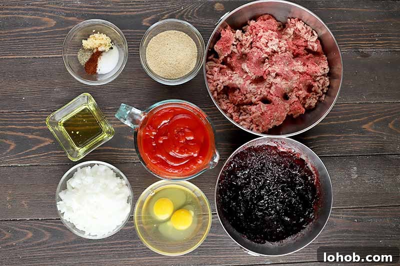 Sweet and Tangy Classic Meatballs Recipe for Weeknight Dinners 7 Horizontal image of ground beef, eggs, jam, ketchup, and other ingredients in various bowls on a wooden surface.