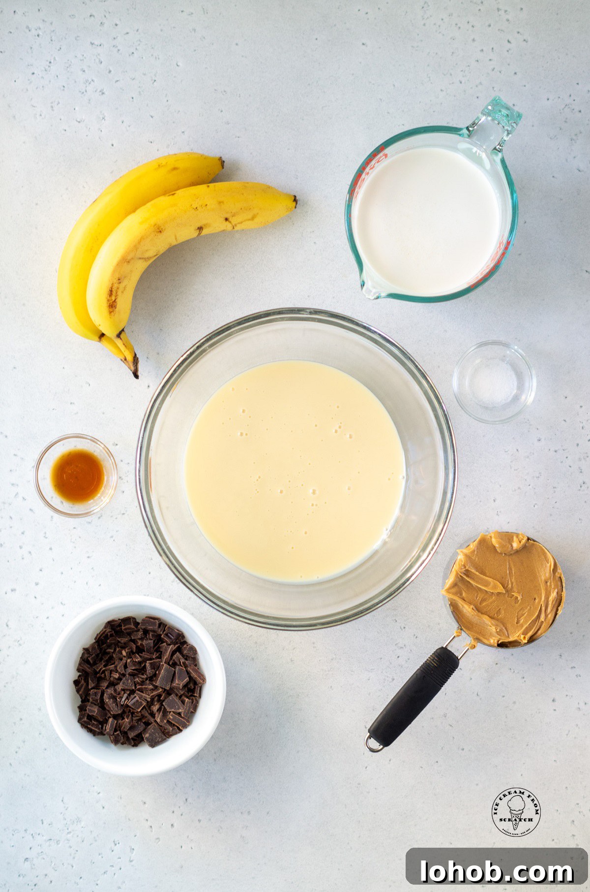 The ingredients needed to make no churn fat elvis ice cream with peanut butter, chocolate, and banana