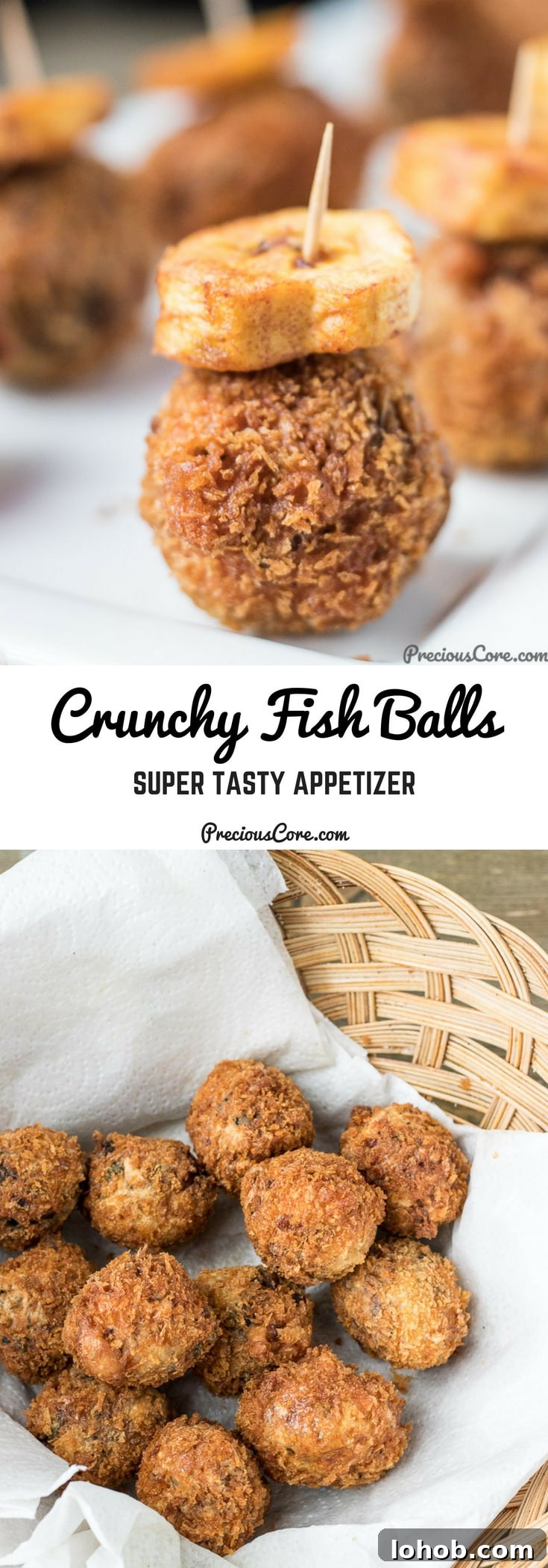 Collage with text "Crunchy Fish Balls Super Tasty Appetizer."